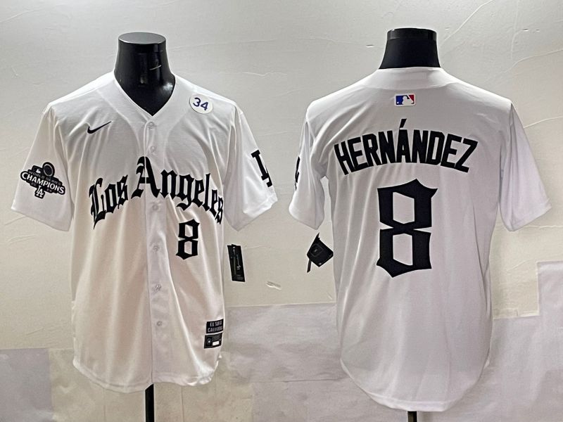Men 2025 Los Angeles Dodgers #8 Hernandez White Five generations Joint Name Nike MLB Jersey style 5188